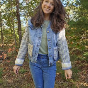 Light Wash Denim Jacket with Green/Blue QuiltSleeves: Medium