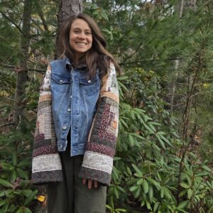 Medium Wash Jean Jacket with Cabin/Log Cabin Quilt Sleeves (Small/Medium)